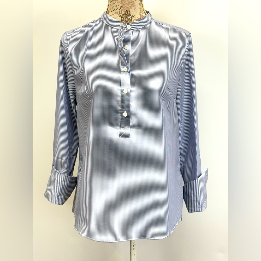 Pomander Place Blue and White Micro Striped Pleated Back Shirt Top Tunic S XS